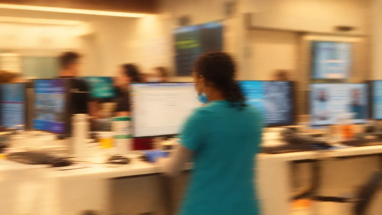 A clinician in teal scrubs stands at a shared workstation in a busy hospital, colleagues moving past in a blur