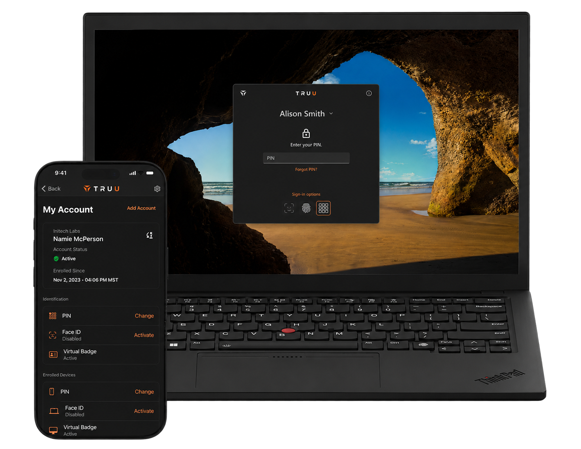 The branded TOTAL sign-in experience: a custom-skinned lock screen on a laptop and the My Account app on a phone