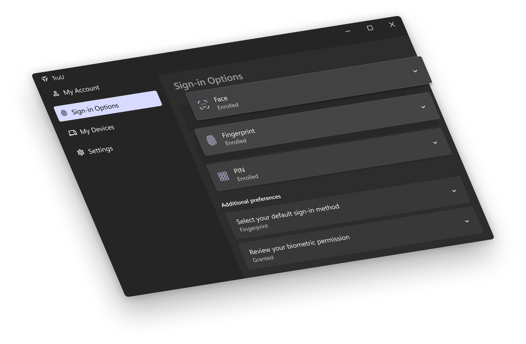 The TOTAL sign-in options screen, tilted: Face, Fingerprint, and PIN enrolled, with default sign-in method and biometric permission preferences